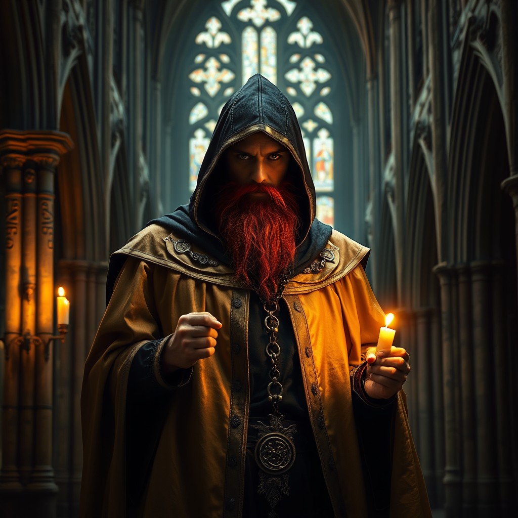 A mysterious and formidable Inquisitor cloaked in dark, flowing robes and adorned with a striking red beard, standing in the shadows of an ancient, dimly lit cathedral