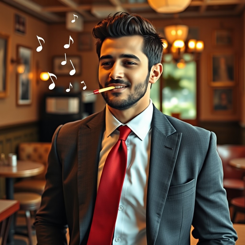 A handsome Iranian man in a stylish suit and a neat tie is standing in a nostalgic cafe, whistling melodiously without any musical instrument