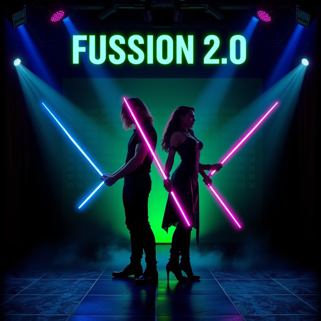 A dramatic theater stage scene featuring a large, bold text at the top in neon green reading 'FUSSION 2
