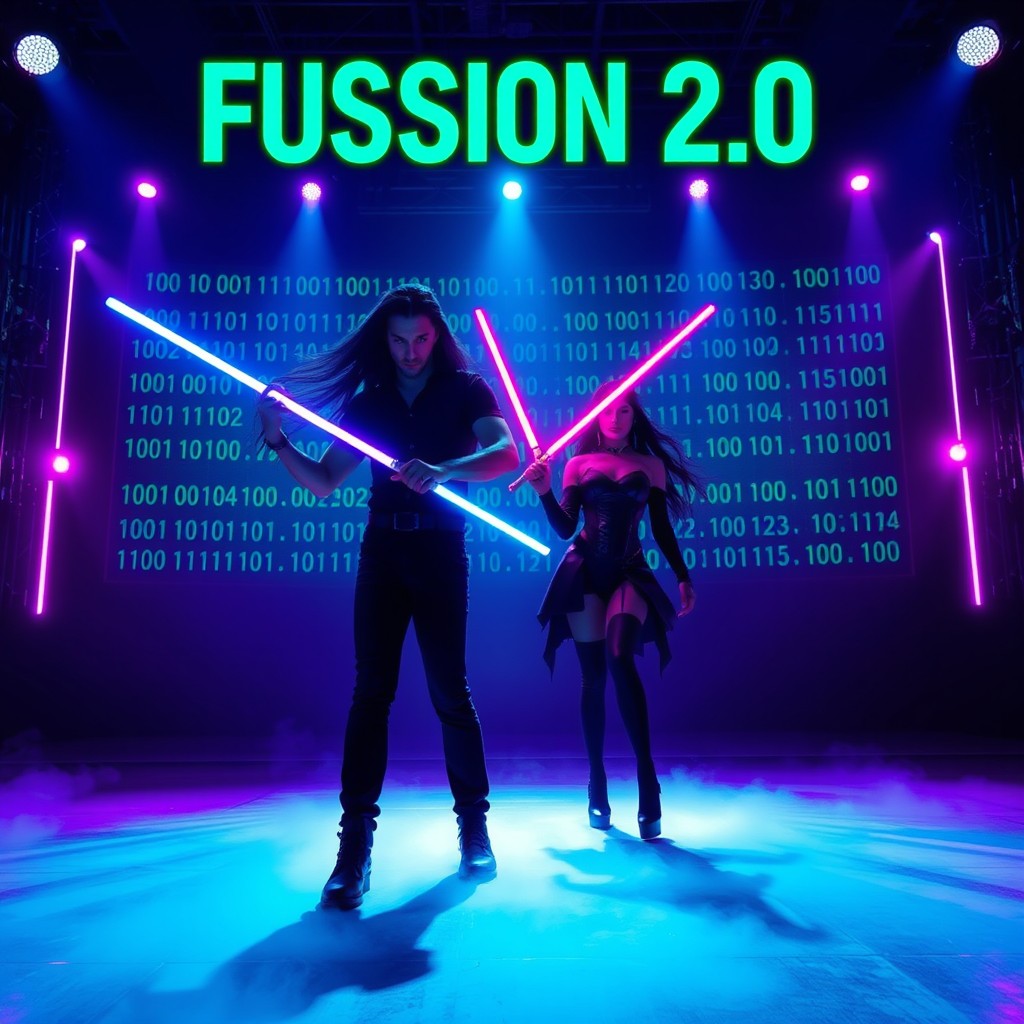 A dramatic scene set on a huge theater stage with a foggy floor, illuminated by a blue overhead light and fuchsia beam lights creating a vibrant atmosphere