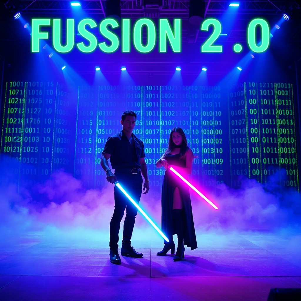 A striking theatre stage scene featuring prominent big text at the top in neon green color saying 'FUSSION 2