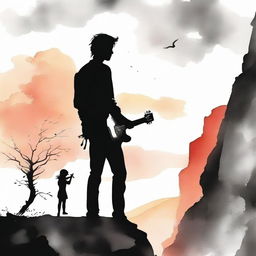 Using aquarel technique, portray a standing boy with a guitar observing a side-profile girl on a rocky cliff during sunset. The image transitions from vibrant color to black and white.