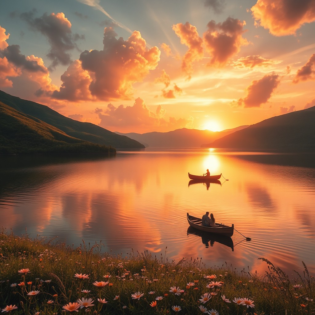 A surreal landscape featuring a vibrant sunset over a serene lake, with lush green hills framing the scene and delicate wildflowers scattered at the water's edge