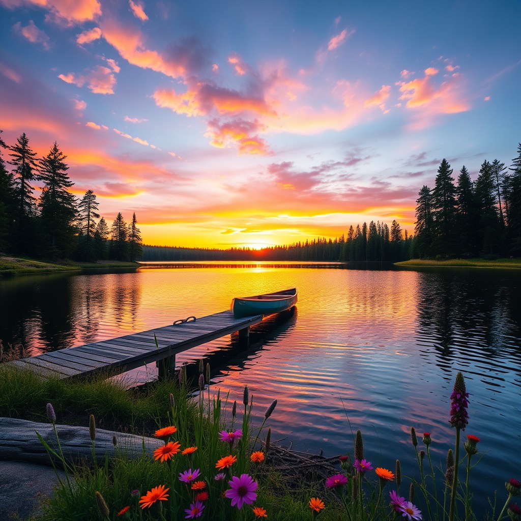 A serene landscape featuring a peaceful lake surrounded by tall pine trees, with a vivid sunset reflecting off the water's surface