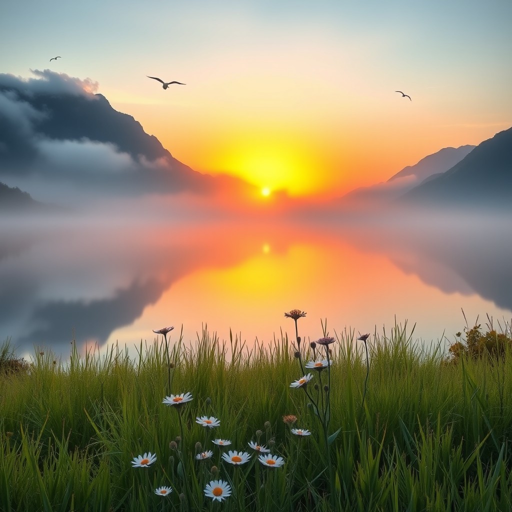 A serene landscape depicting a vibrant sunrise over a misty lake, with soft pastel colors reflecting off the water surface