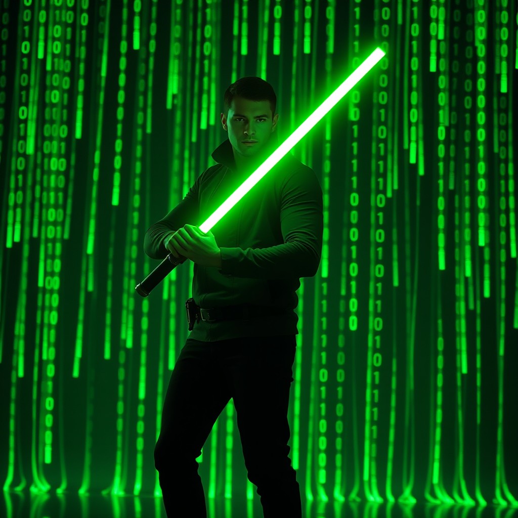 A modern unseen man wielding a glowing green lightsaber, standing confidently against a backdrop of vibrant green neon binary code cascading down the screen