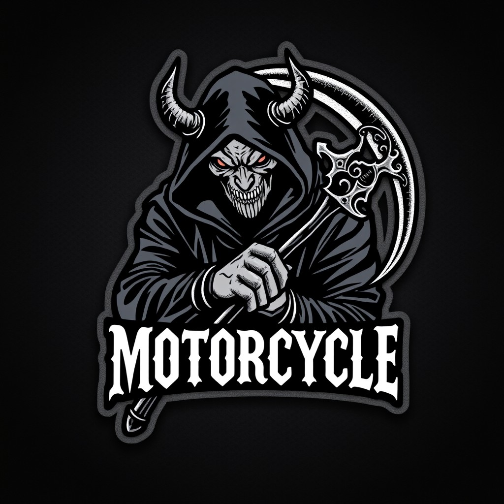 A motorcycle patch logo featuring a sinister demon with a partially concealed face hidden in an exaggerated hood