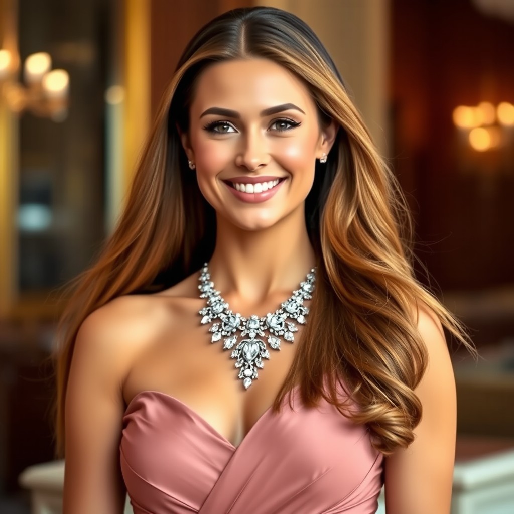 A beautiful woman with long flowing hair, adorned with an elegant necklace that sparkles in the light
