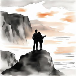 Using aquarel technique, portray a standing boy with a guitar observing a side-profile girl on a rocky cliff during sunset. The image transitions from vibrant color to black and white.