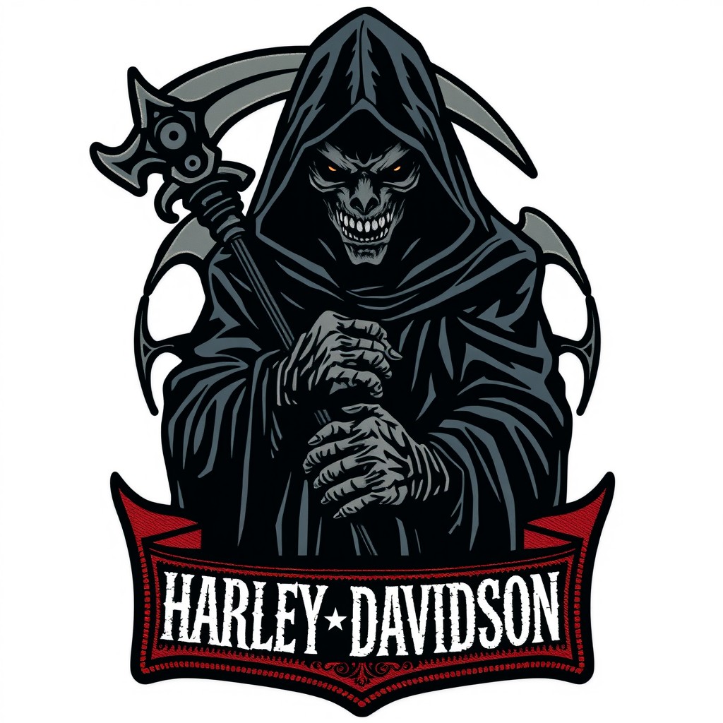 A detailed motorcycle patch logo featuring a mysterious demon with a hidden face, cloaked in a dark hood