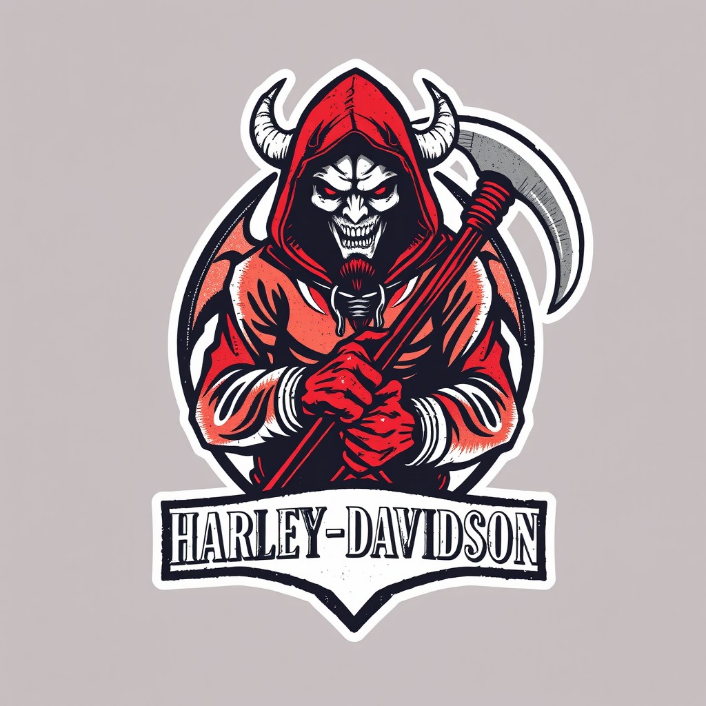 A vintage motorcycle patch logo design featuring a demon with a hidden face shrouded in a hood, ominously holding a reaper's scythe