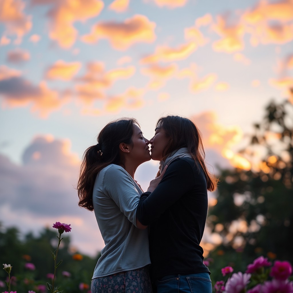 A romantic scene depicting two lovers sharing a gentle kiss under a beautifully lit sunset sky, with soft clouds and vibrant colors in the background