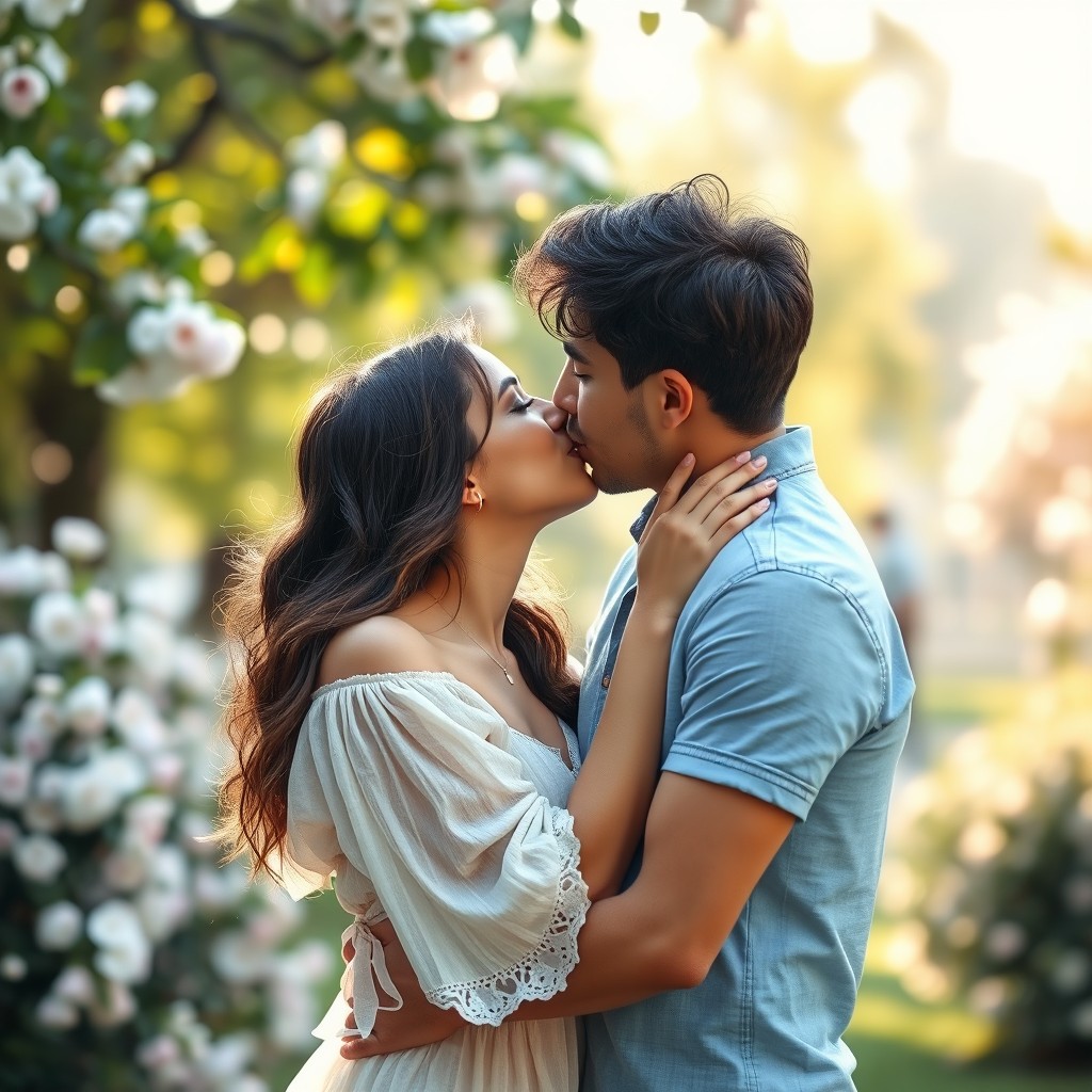 A romantic scene depicting two lovers sharing a sweet kiss, capturing the depth of their affection