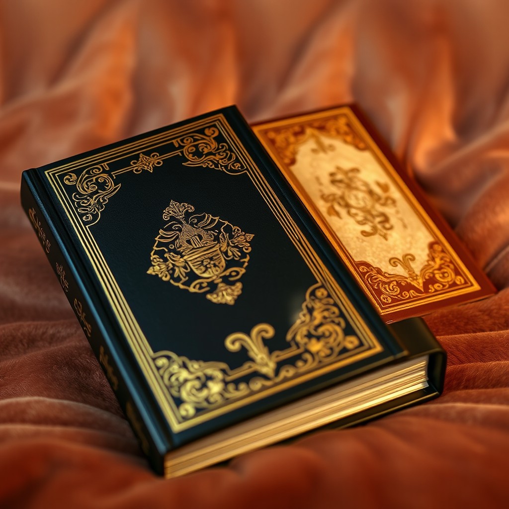A luxurious hard cover book featuring intricate gold foil printing on the front and spine, elegantly designed with a classic vintage aesthetic
