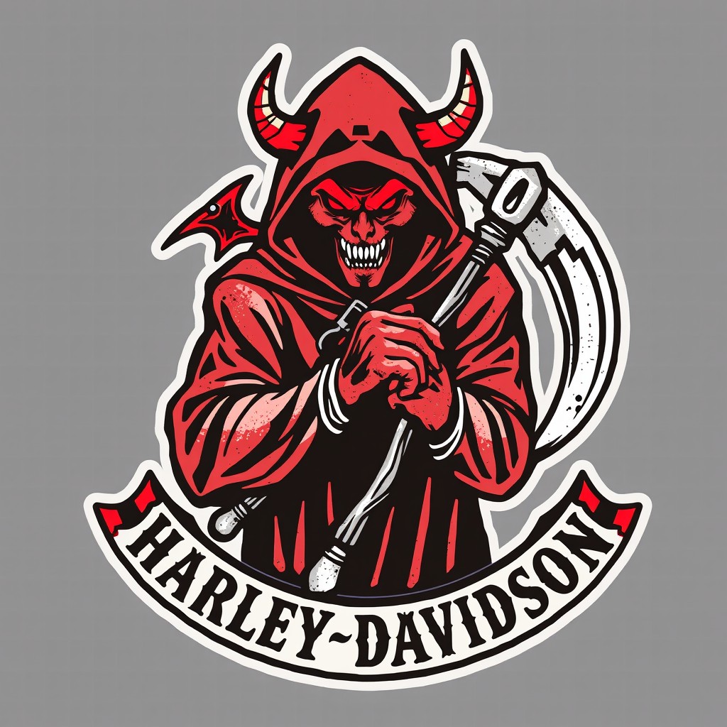 A vintage-style motorcycle patch logo featuring a demon with a hidden face in a dark hood, gripping a reaper's scythe