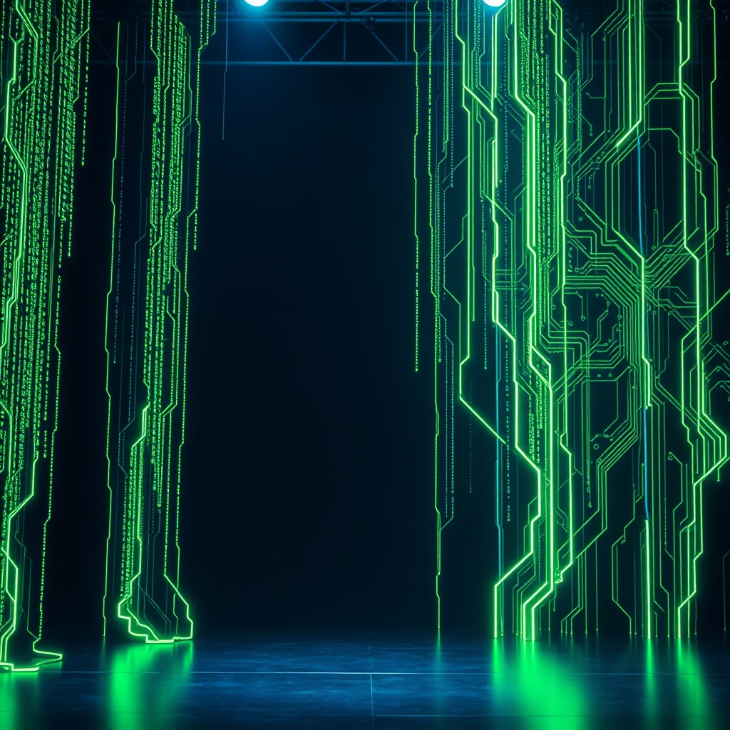 A modern stage theatre aesthetic background showcasing intricate designs of green neon binary code intermingling with circuitry