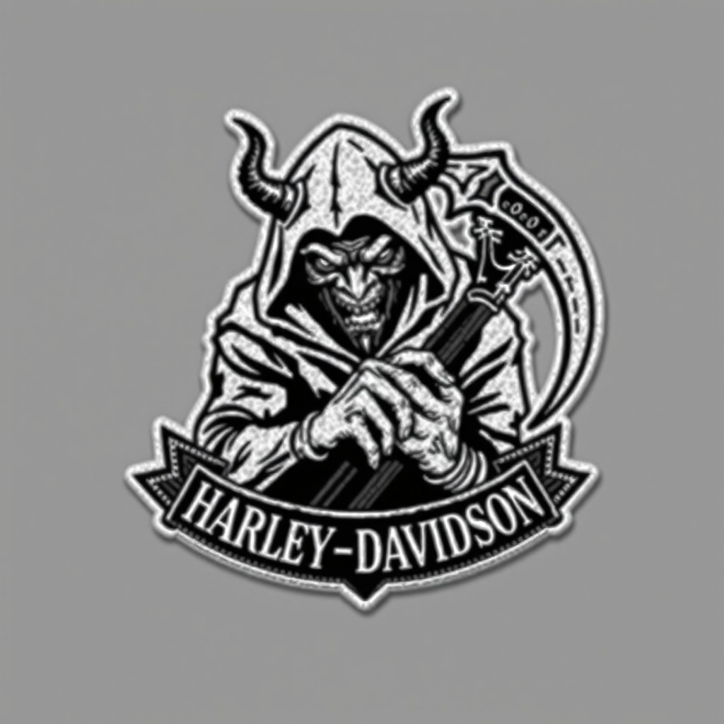 A motorcycle patch logo featuring a demon with a menacing expression, partially hidden under a dark hood, grasping a reaper's scythe