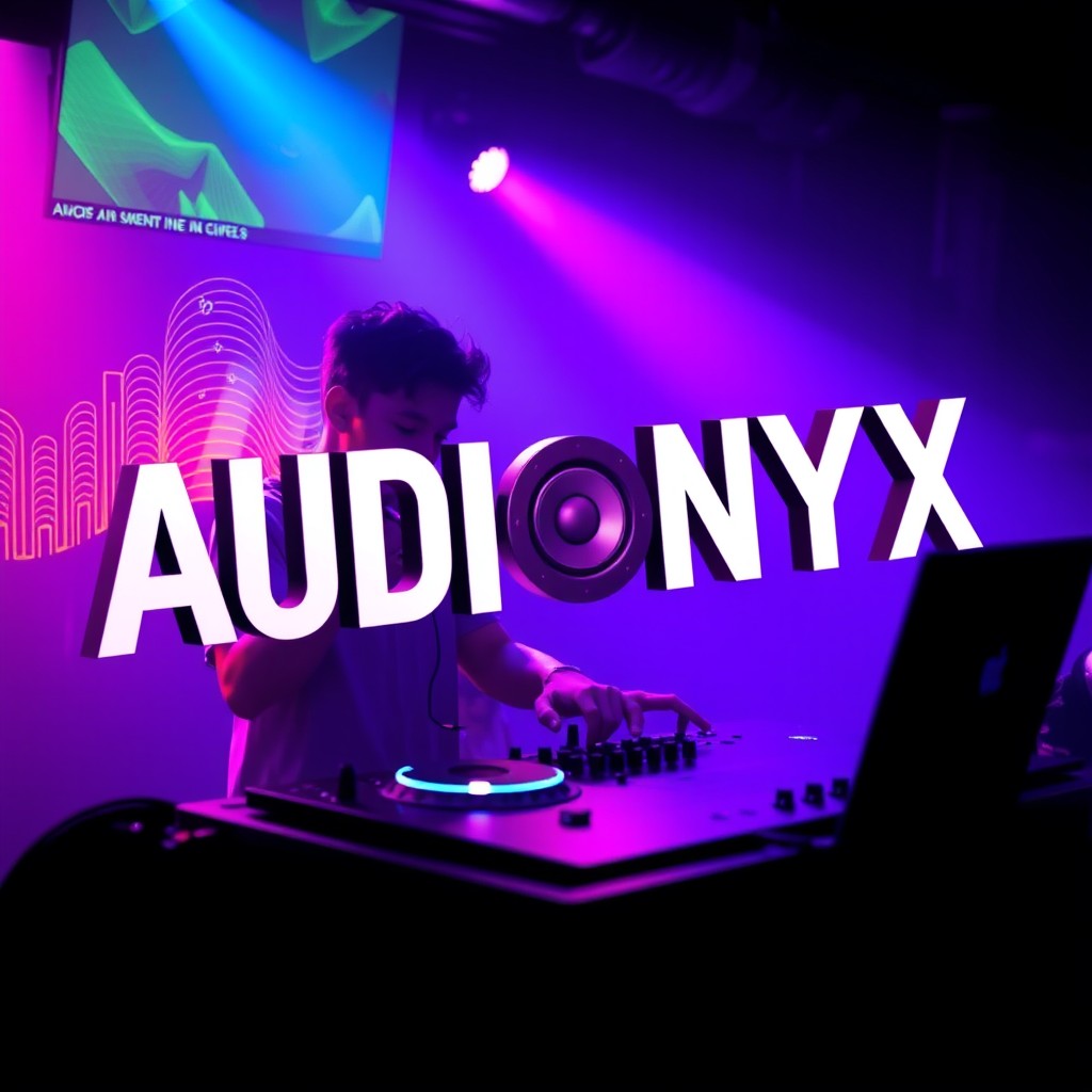 A vibrant scene featuring the word 'AUDIONYX' prominently displayed with the letter 'O' designed as a stylized speaker