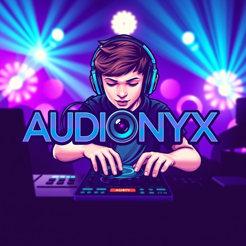 A vibrant graphic featuring the word 'AUDIONYX' with a stylized speaker integrated into the letter 'O'