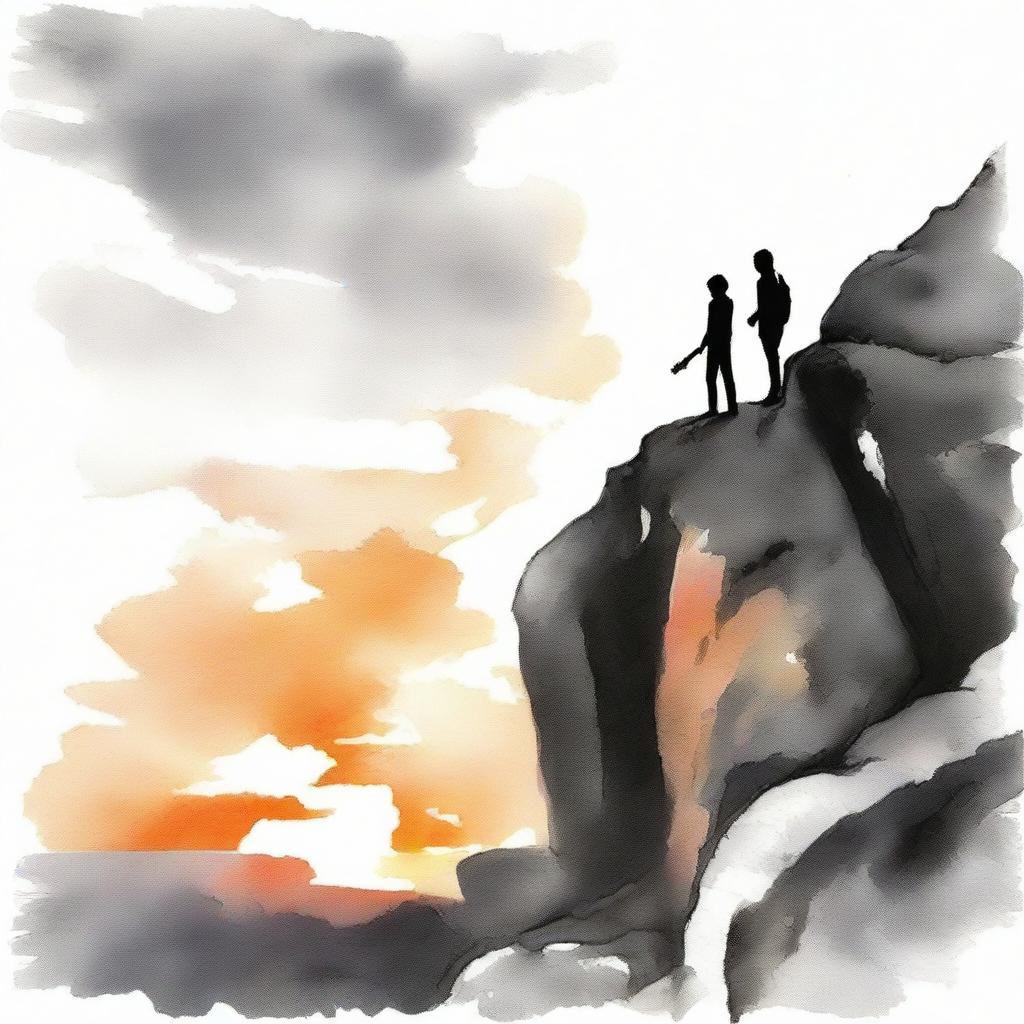 Using aquarel technique, portray a standing boy with a guitar observing a side-profile girl on a rocky cliff during sunset. The image transitions from vibrant color to black and white.