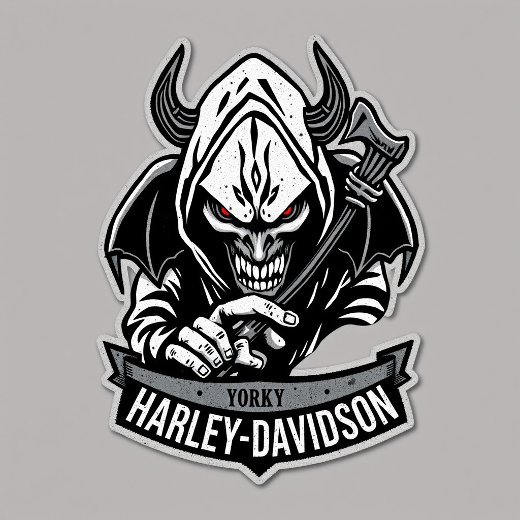A vintage motorcycle patch logo featuring a menacing demon with a concealed face in its hood, gripping a reaper's scythe