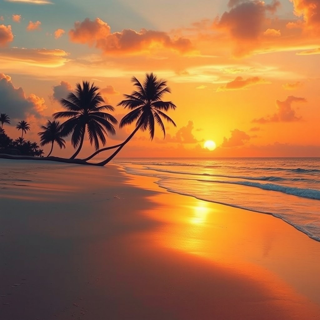 A realistic and vibrant sunset beach scene, featuring golden-orange hues cascading across the sky as the sun sets on the horizon