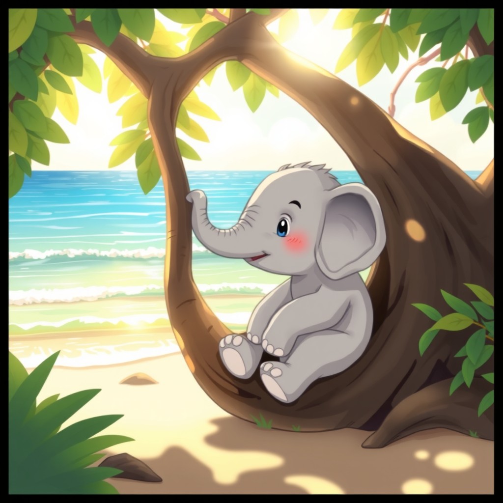 A baby elephant named Boo sitting comfortably in a large tree, gazing curiously at the serene ocean in the background