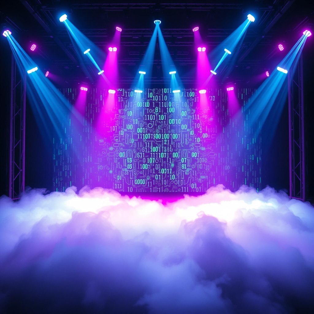 A modern theatre stage filled with a thick layer of fog on the floor, illuminated by vibrant blue and fuchsia overhead beam lights