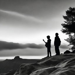 In grattage technique, visualize a standing boy with a guitar viewing a side-profile girl on a rocky cliff during sunset. The image transitions from full color to black and white.