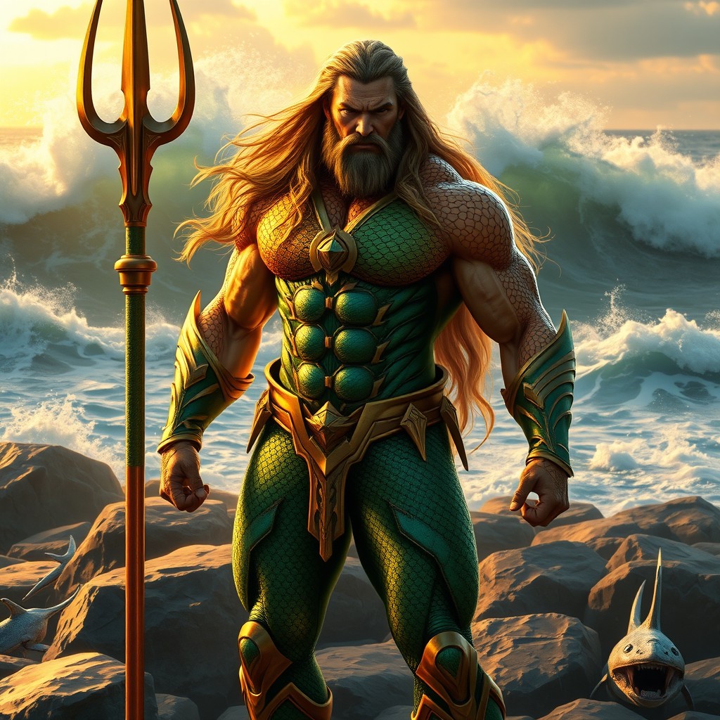 A powerful, muscular superhero resembling Aquaman, with long, flowing hair and a regal look