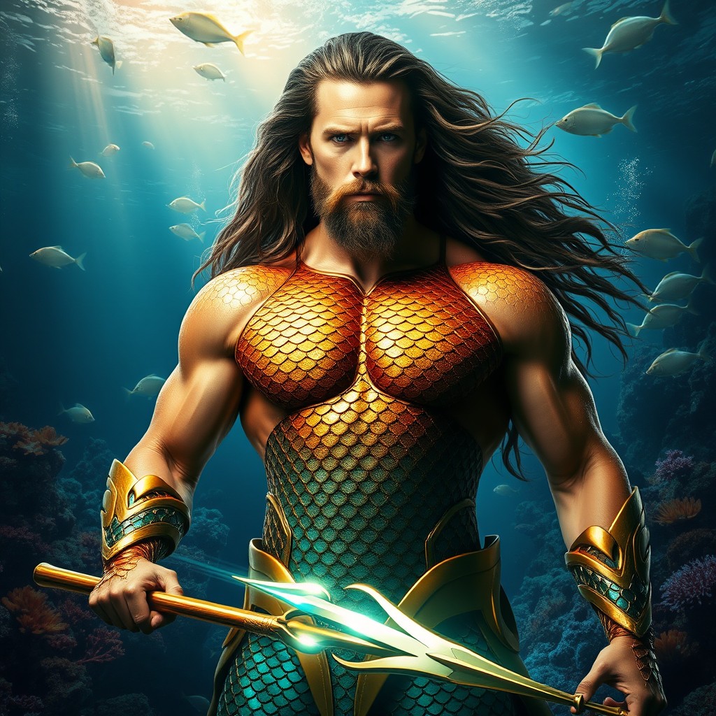 A striking transformation of a man into Aquaman, showcasing a muscular physique with long, flowing water-logged hair