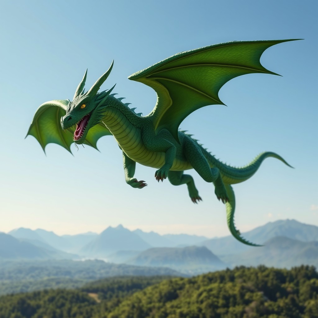 A majestic green dragon soaring through a clear blue sky, its emerald scales shimmer in the sunlight