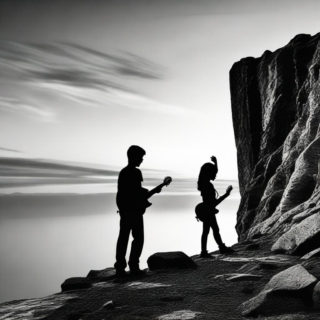 In grattage technique, visualize a standing boy with a guitar viewing a side-profile girl on a rocky cliff during sunset. The image transitions from full color to black and white.