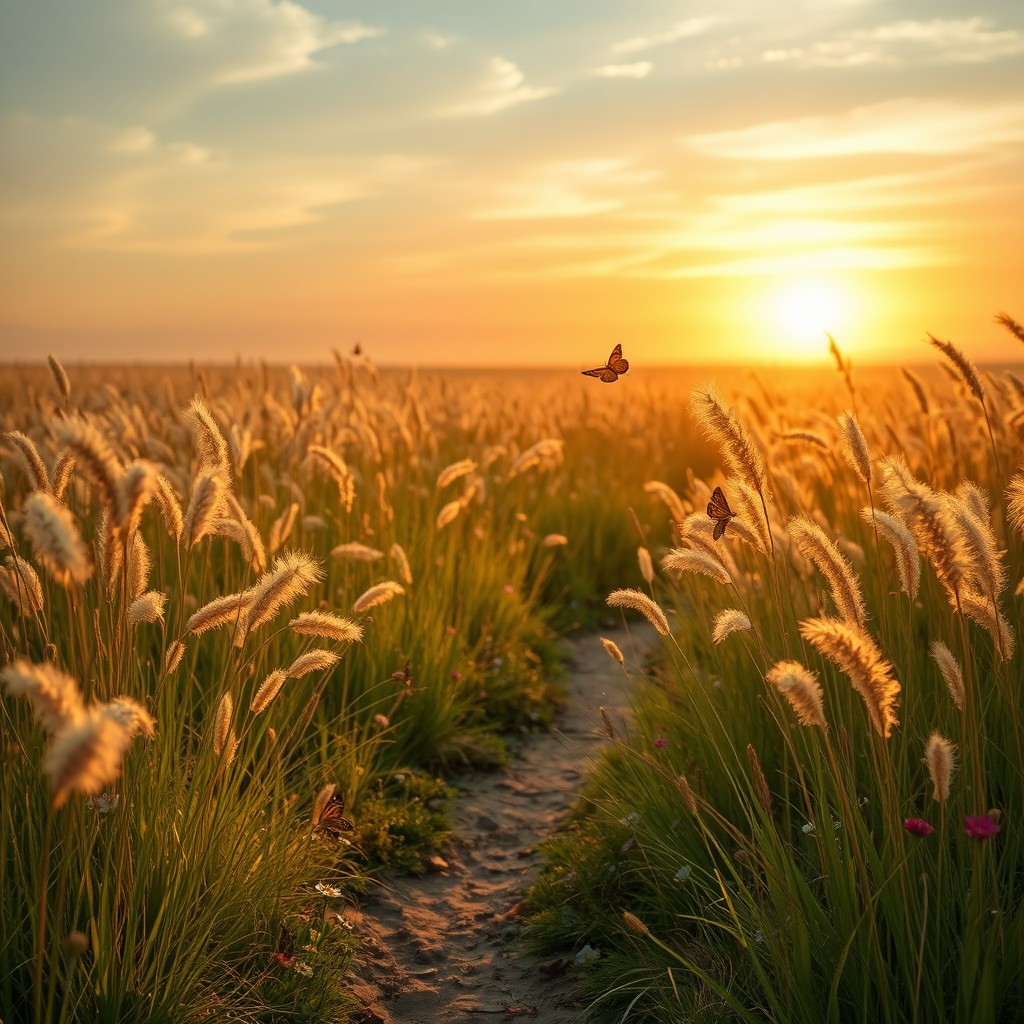 A vibrant, mystical scene depicting a vast field of wild grass with delicate, fluffy seed heads, known as 'cizaña', blowing gently in a soft breeze
