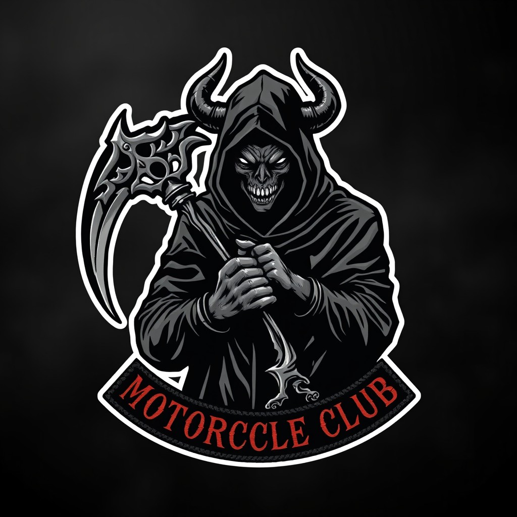 A striking motorcycle patch logo featuring a menacing demon with an obscured face hidden beneath a dark hood