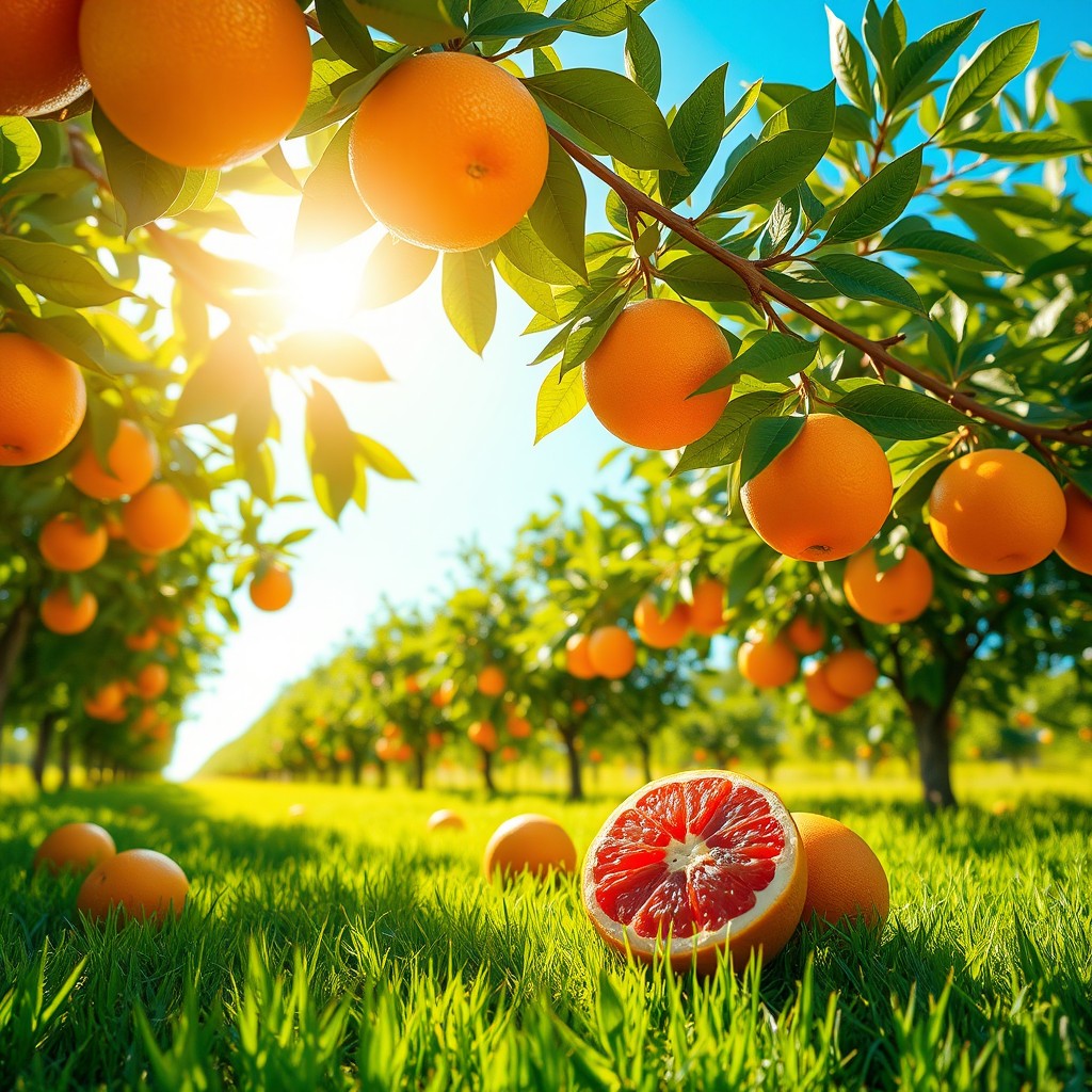 A vibrant and colorful depiction of a beautiful landscape featuring bright and ripe citrus fruits, specifically oranges and grapefruits, scattered across a sunlit orchard