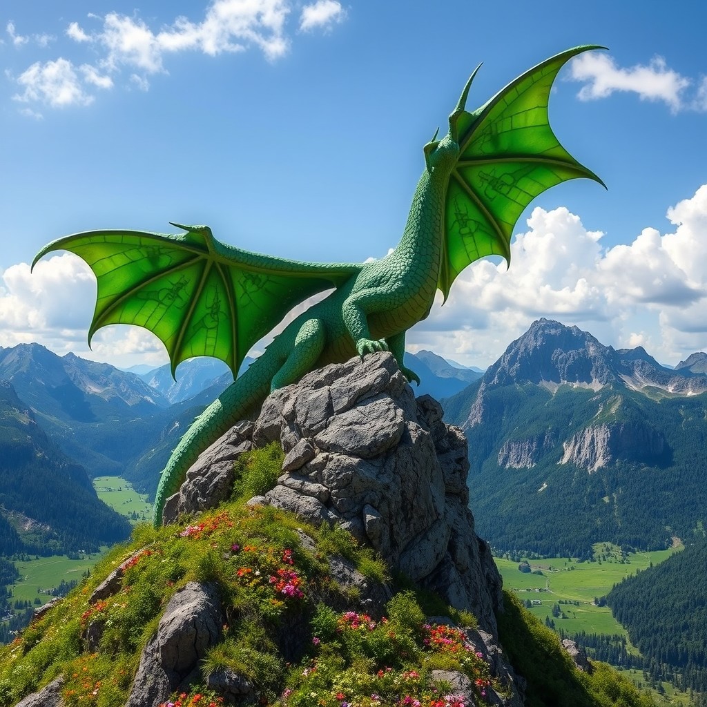 A majestic green dragon perched atop a rocky mountain peak, its scales glistening in the sunlight