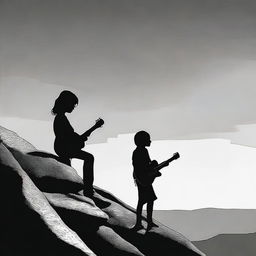 In grattage technique, visualize a standing boy with a guitar viewing a side-profile girl on a rocky cliff during sunset. The image transitions from full color to black and white.