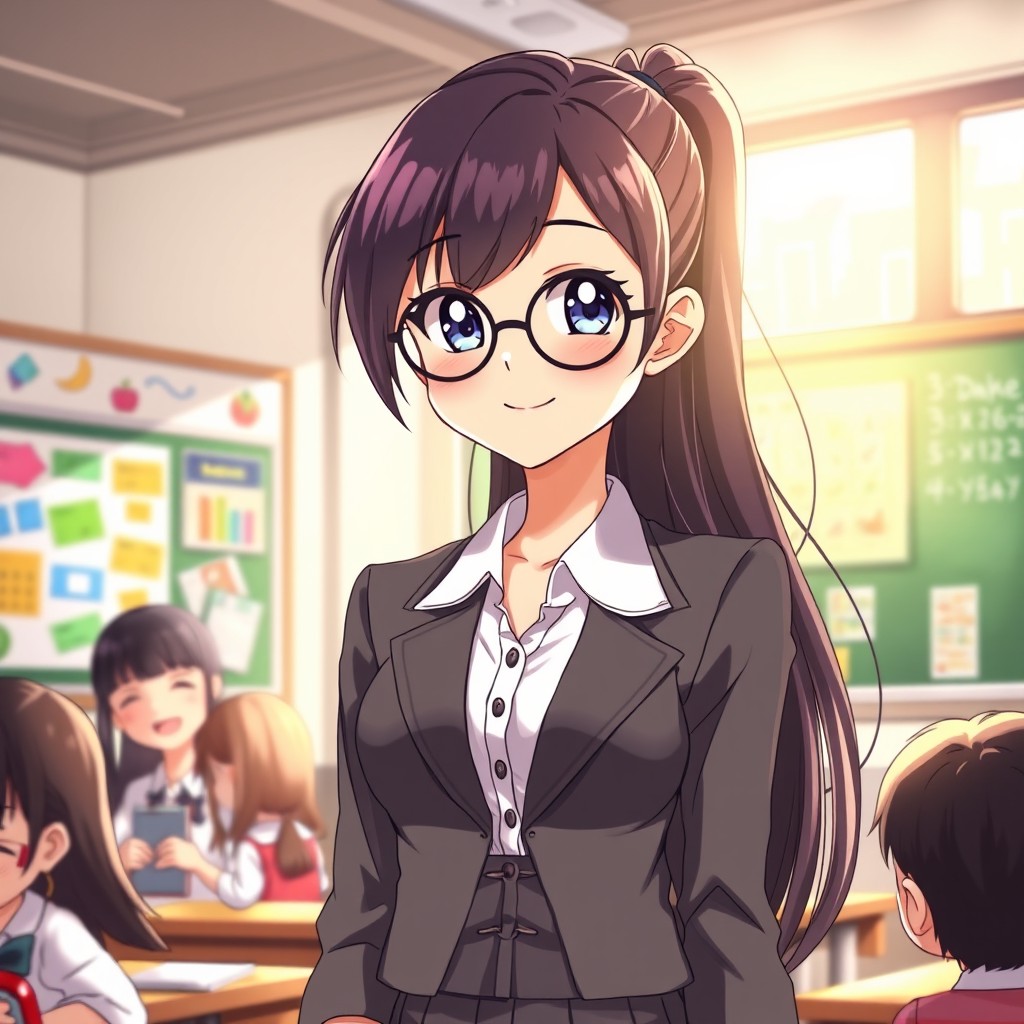 A captivating anime-style illustration of a school teacher, showcasing a beautiful young woman with long, flowing hair styled in an elegant manner