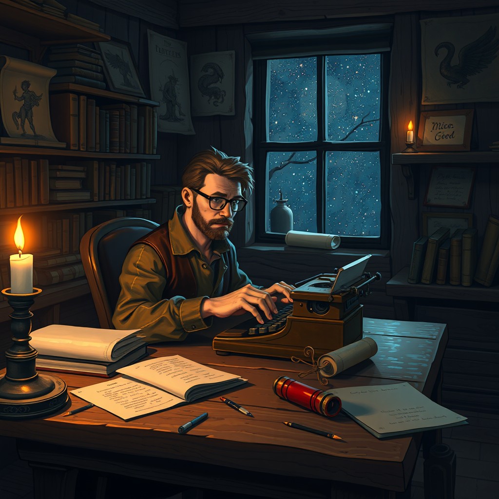 A lonely fantasy writer sitting at a rustic wooden desk in a cozy, dimly lit room filled with books and scrolls
