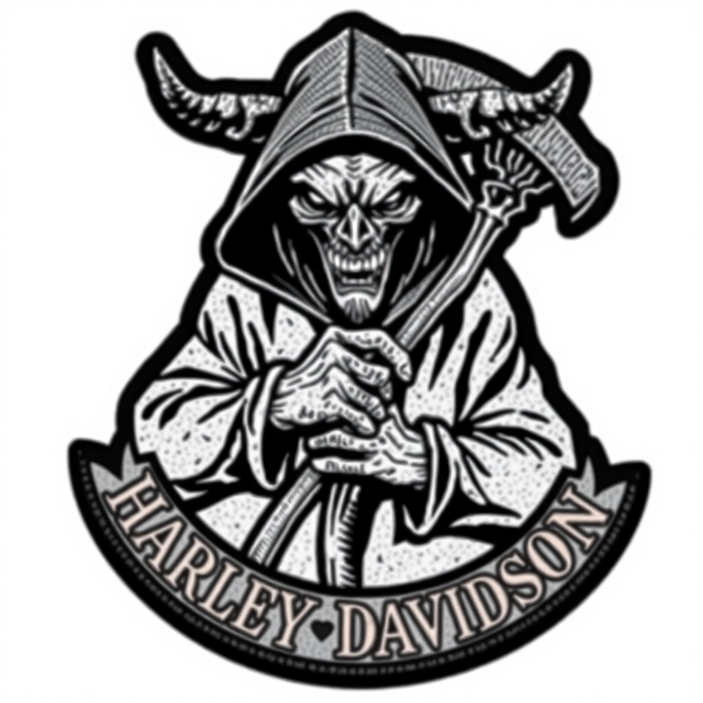 A vintage-style motorcycle patch logo featuring a sinister demon with its face hidden in a dark hood, gripping a reaper's scythe