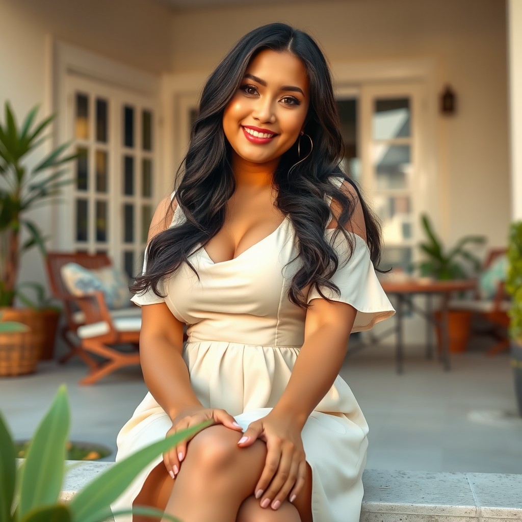 A beautiful woman from Jakarta, age 30, with fair skin, a curvy figure, long black hair, wearing a cream-colored dress, sitting on the terrace of a house
