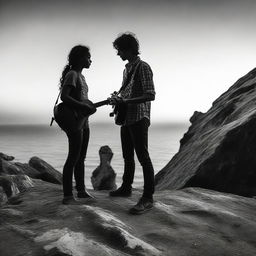 Using grattage technique, portray a standing boy, guitar in hand, gazing at a side-facing girl on a rocky cliff during sunset. The image slowly transitions from color to black and white.