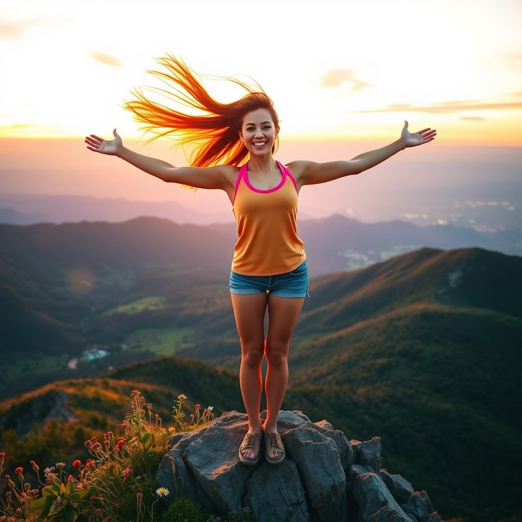 A young woman confidently standing atop a colorful mountain peak, her arms outstretched in celebration of nature's beauty