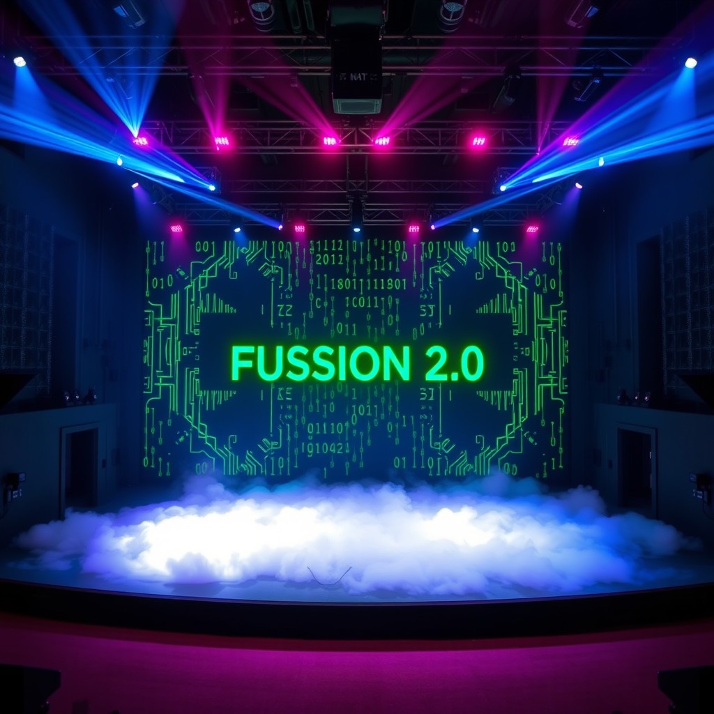 A modern, expansive theatre stage adorned with a slight layer of fog on the floor