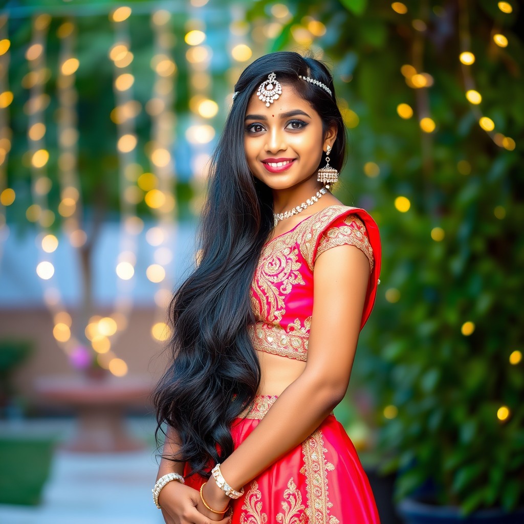 A glamorous Indian teenage girl standing confidently with a radiant smile