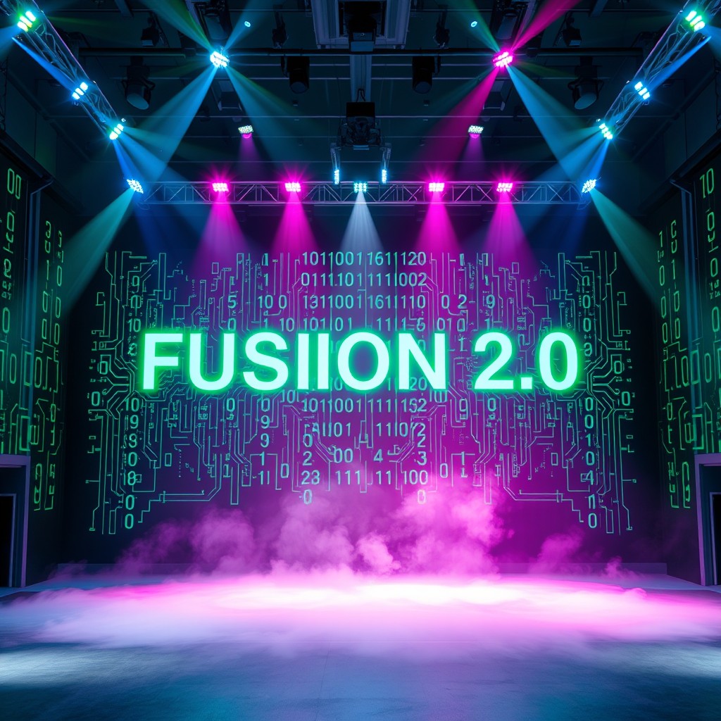 A modern, grand theatre stage featuring the text "FUSSION 2