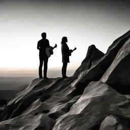 Using grattage technique, portray a standing boy, guitar in hand, gazing at a side-facing girl on a rocky cliff during sunset. The image slowly transitions from color to black and white.