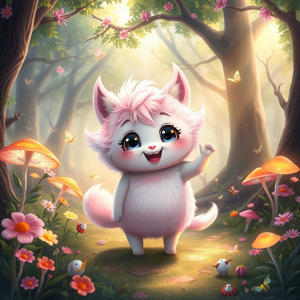 A whimsical representation of a gabja, a mythical creature with soft, fluffy fur in pastel colors, dancing joyfully in a vibrant, enchanted forest