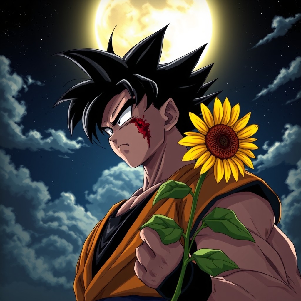 A powerful image of Song Goku, bloodied but resilient, gazing intently at a shimmering moon in the night sky